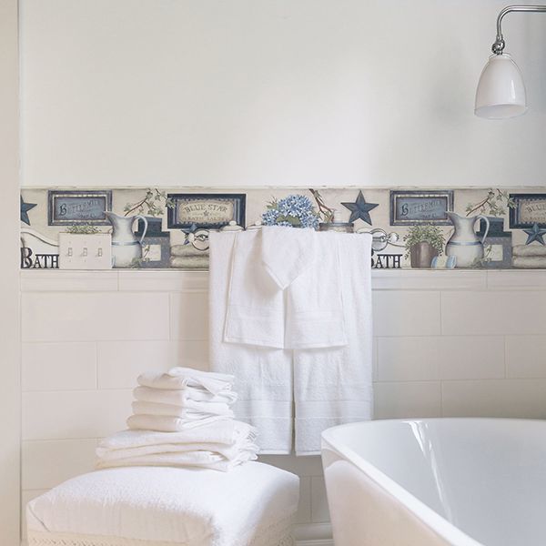 Country Bath Blue Rustic Border - Brewster Wallcovering