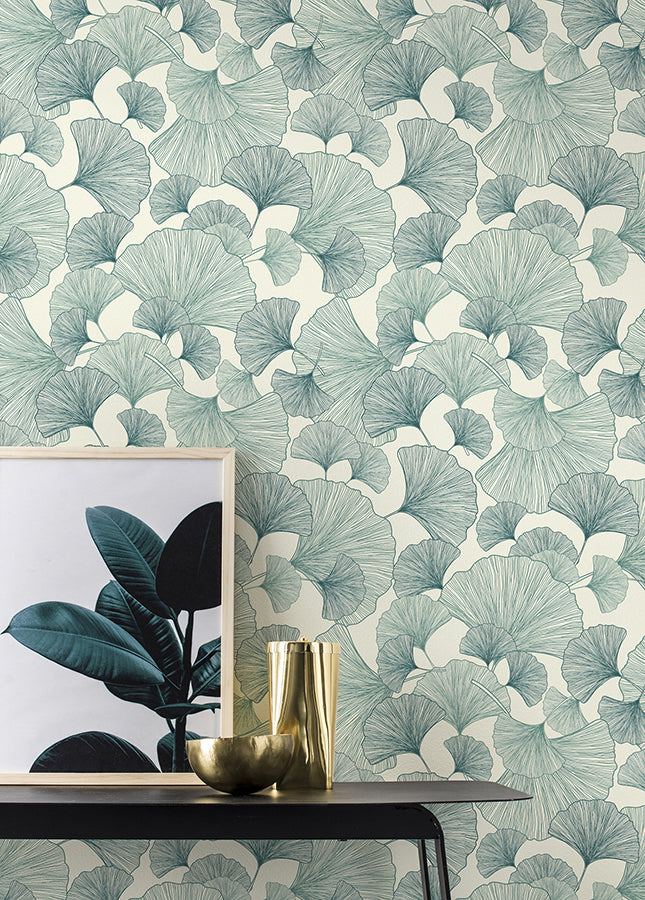 Waft Teal Ginkgo Wallpaper - Brewster Wallcovering