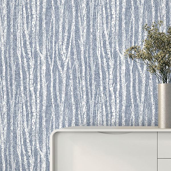 Toyon Blue Birch Tree Wallpaper - Brewster Wallcovering