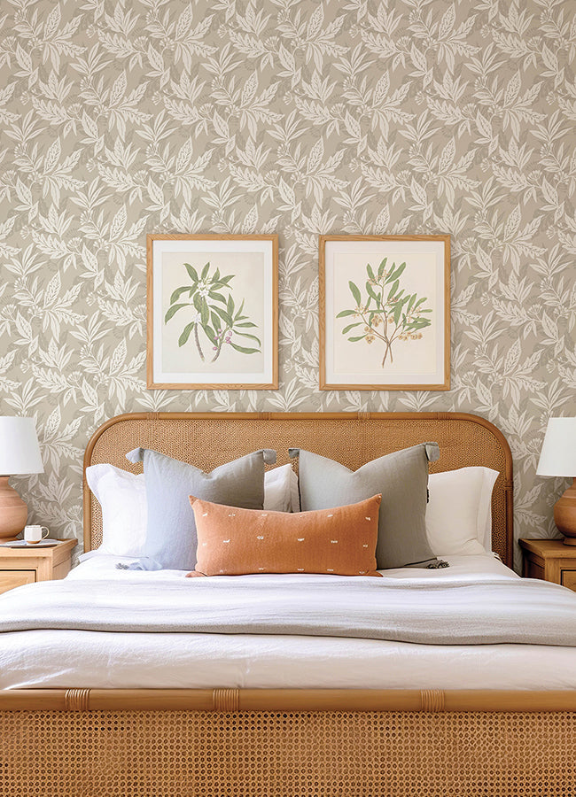 Anita Beige Woodland Floral Wallpaper - Brewster Wallcovering