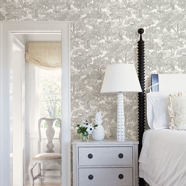 Spinney Grey Toile Wallpaper - Brewster Wallcovering