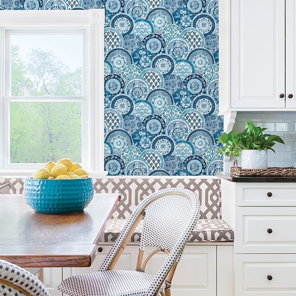 Laguna Blue Plate Wallpaper - Brewster Wallcovering