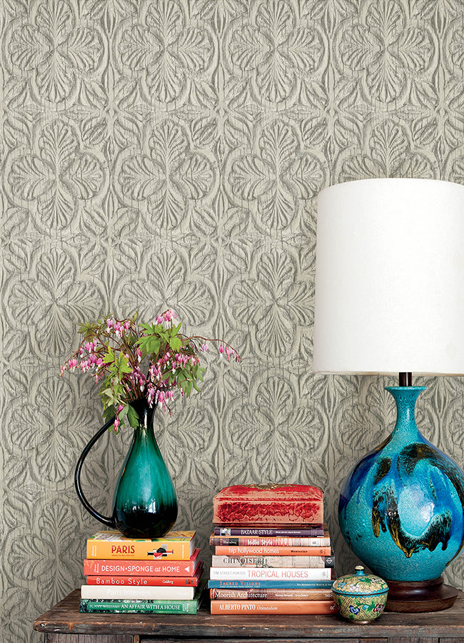 Karachi Taupe Wooden Damask Wallpaper - Brewster Wallcovering