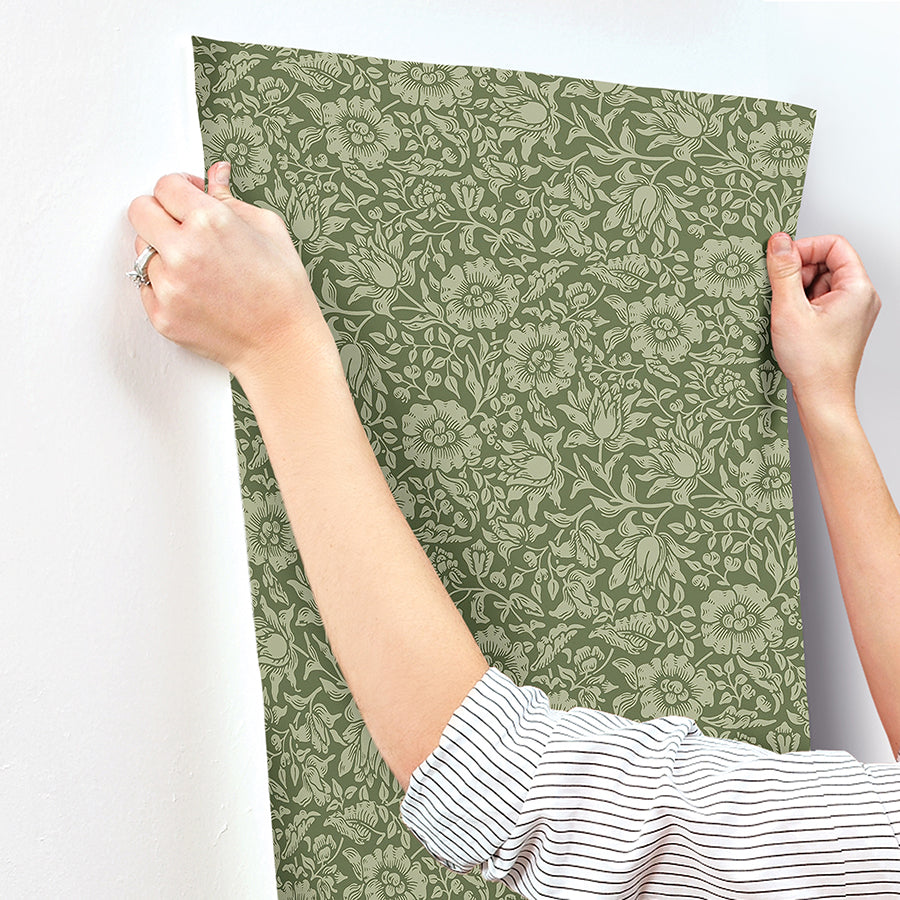 Mallow Dark Green Floral Vine Wallpaper - Brewster Wallcovering