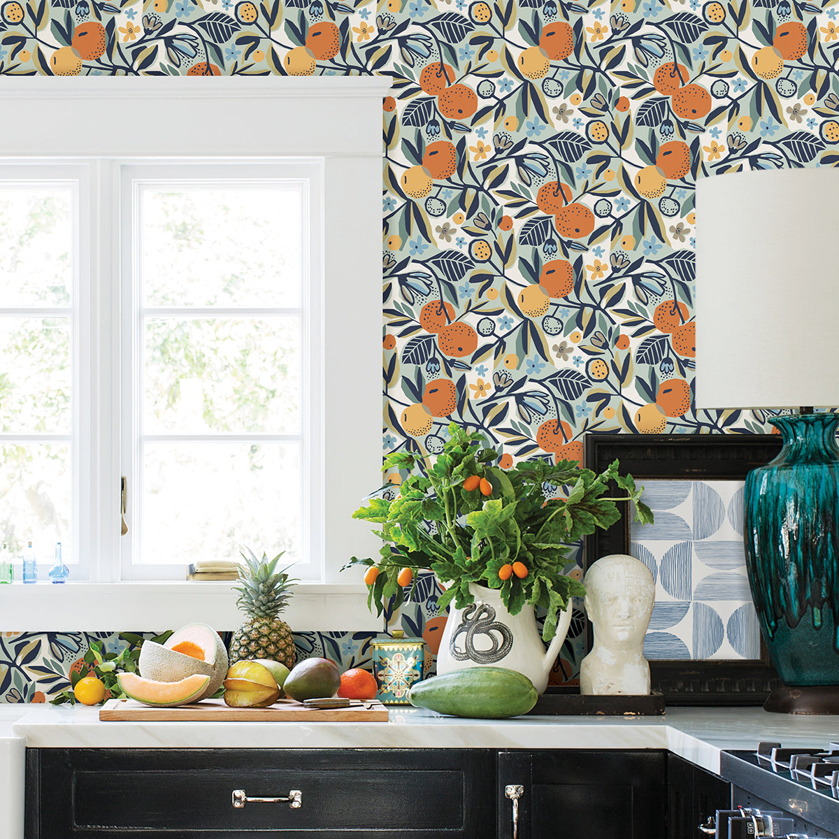 Navy Clementine Garden Peel and Stick Wallpaper - Brewster Wallcovering