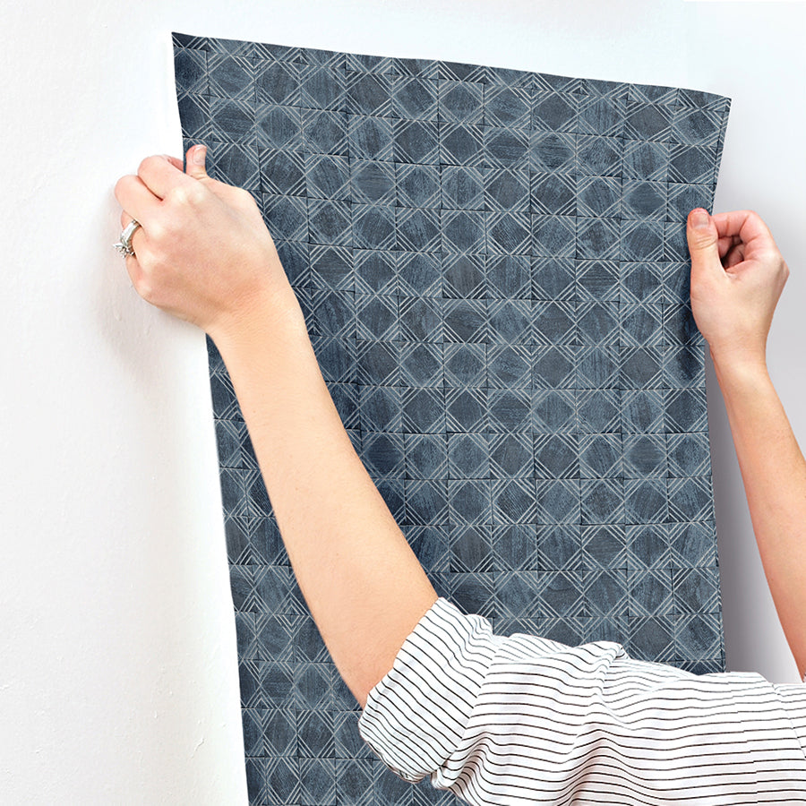 Button Block Navy Geometric Wallpaper - Brewster Wallcovering