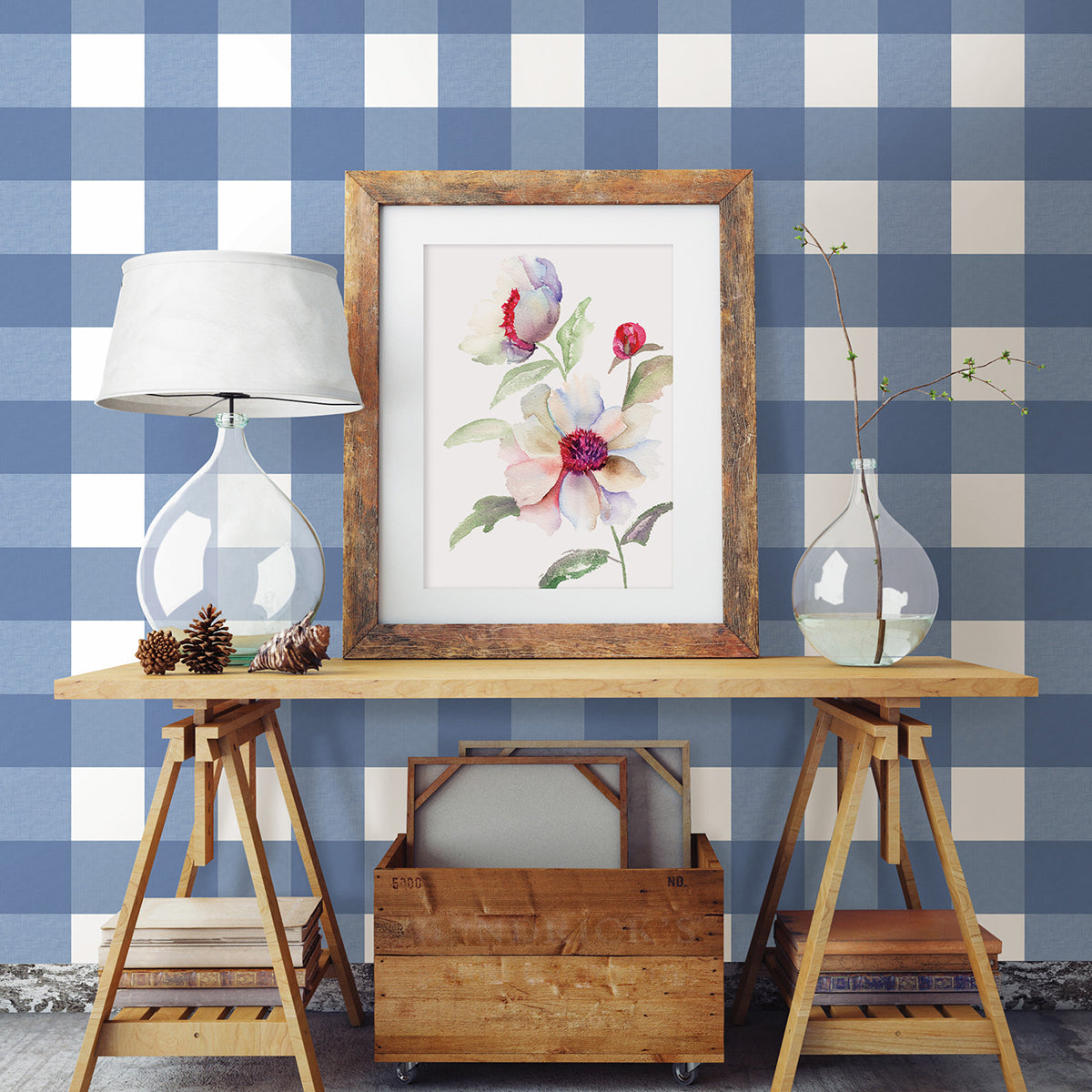 Amos Navy Gingham Wallpaper - Brewster Wallcovering