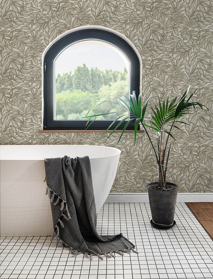 Rhythmic Taupe Leaf Wallpaper - Brewster Wallcovering