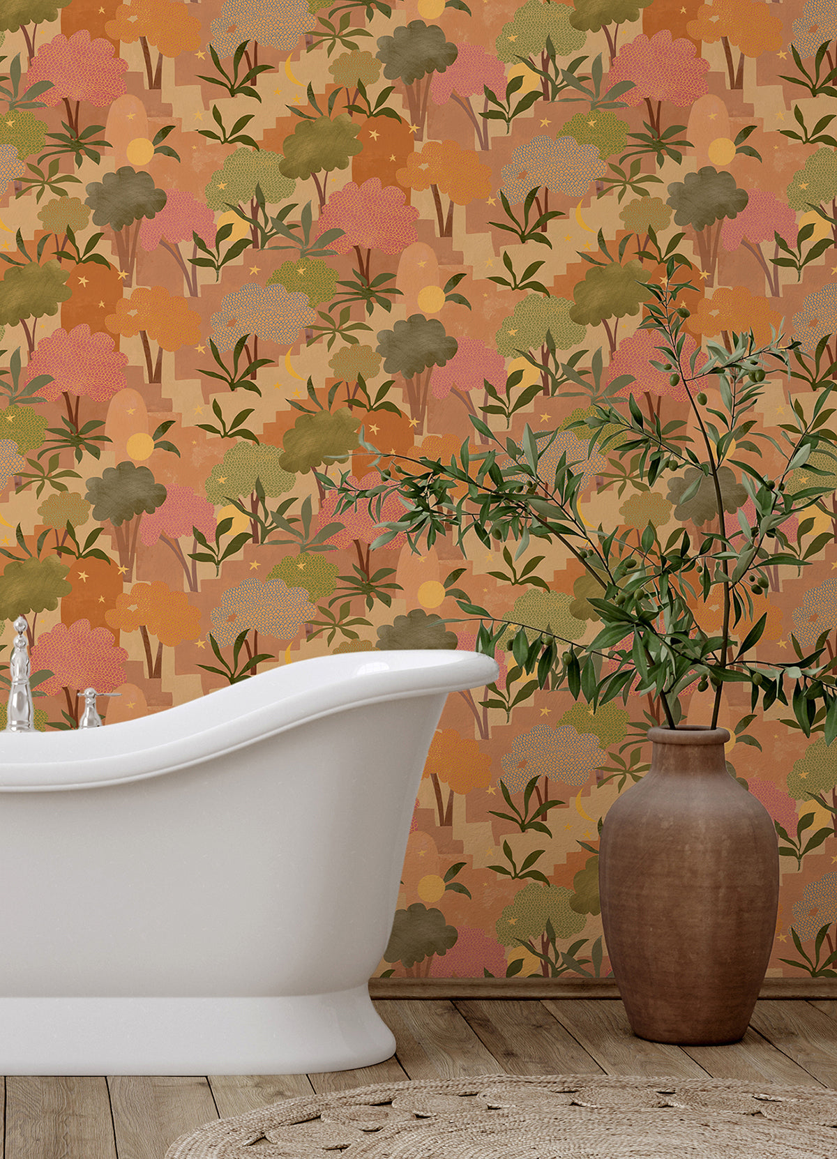 Terracotta Bohemian Walk Tree Peel and Stick Wallpaper - Brewster Wallcovering