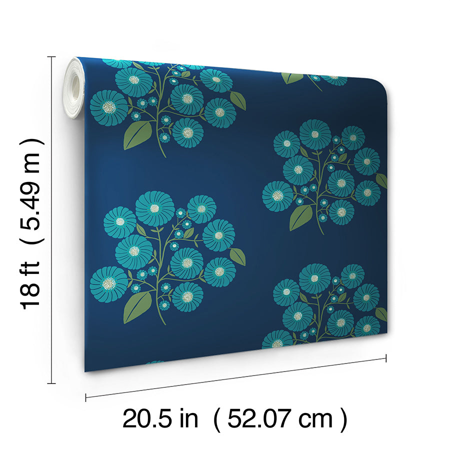 Navy Aqua StrawFlower Peel and Stick Wallpaper - Brewster Wallcovering