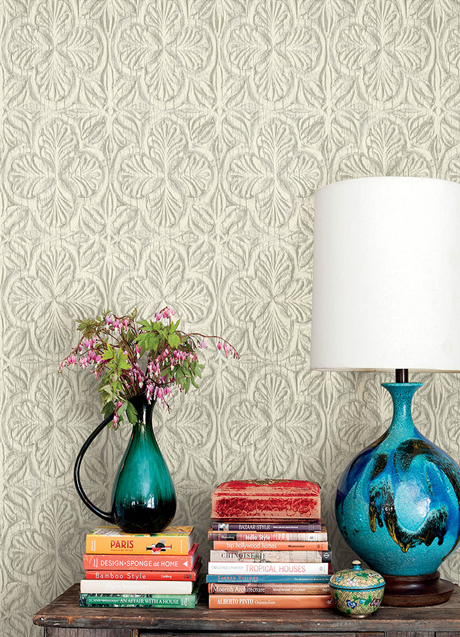 Karachi White Wooden Damask Wallpaper - Brewster Wallcovering