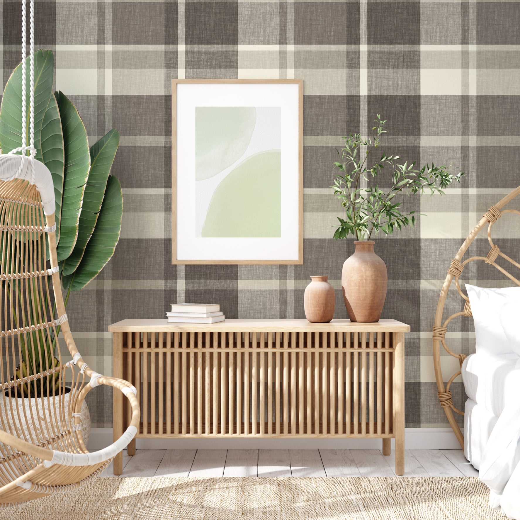 Madaket Charcoal Plaid Wallpaper - Brewster Wallcovering