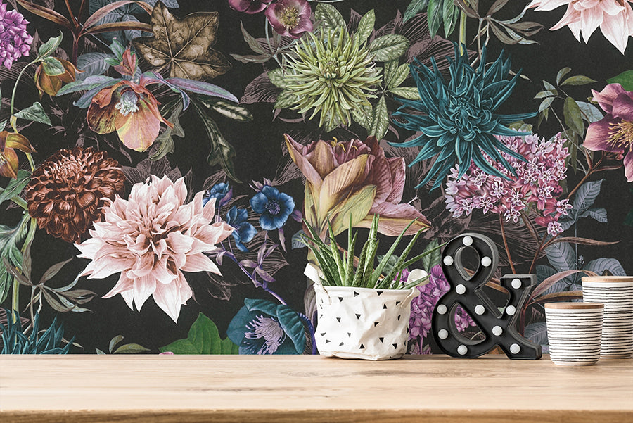 Althea Black Flower Garden Wallpaper - Brewster Wallcovering