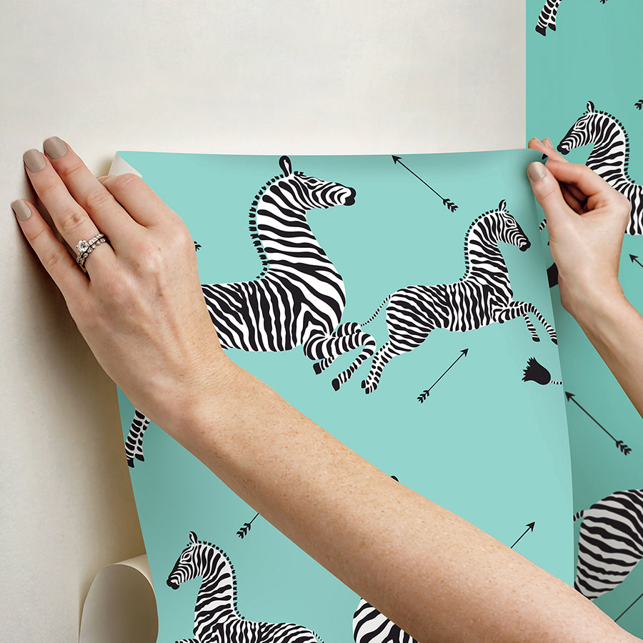 Aqua Zebra Safari Peel and Stick Wallpaper - Brewster Wallcovering