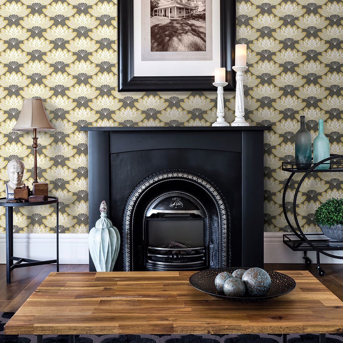 Lotus Mustard Floral Fans Wallpaper - Brewster Wallcovering