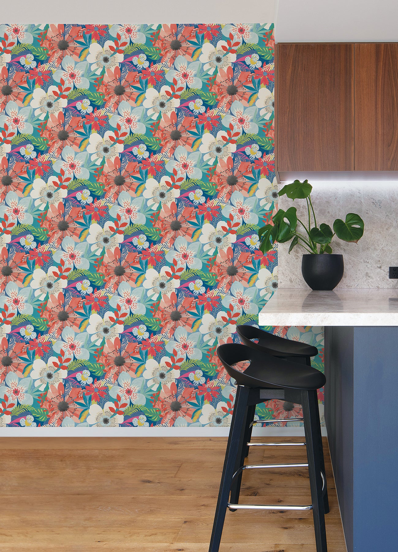 Janis Indigo Floral Riot Wallpaper - Brewster Wallcovering