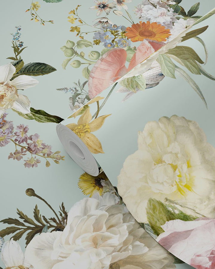 Antonia Aqua Vintage Bouquet Wallpaper - Brewster Wallcovering