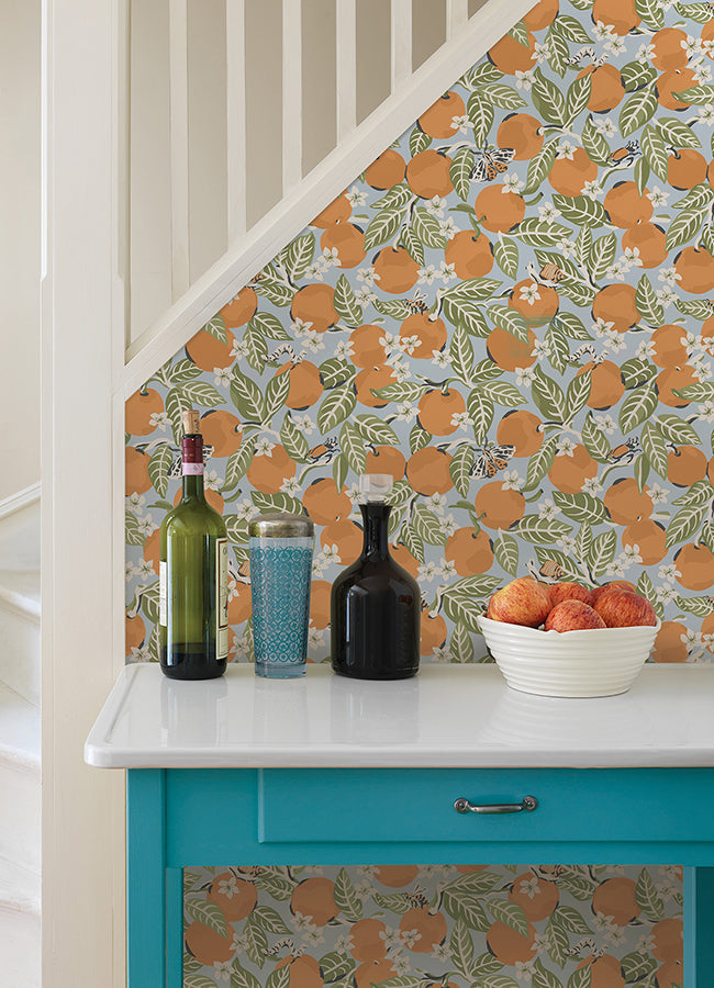 Sky Blue Orange Grove Peel and Stick Wallpaper - Brewster Wallcovering