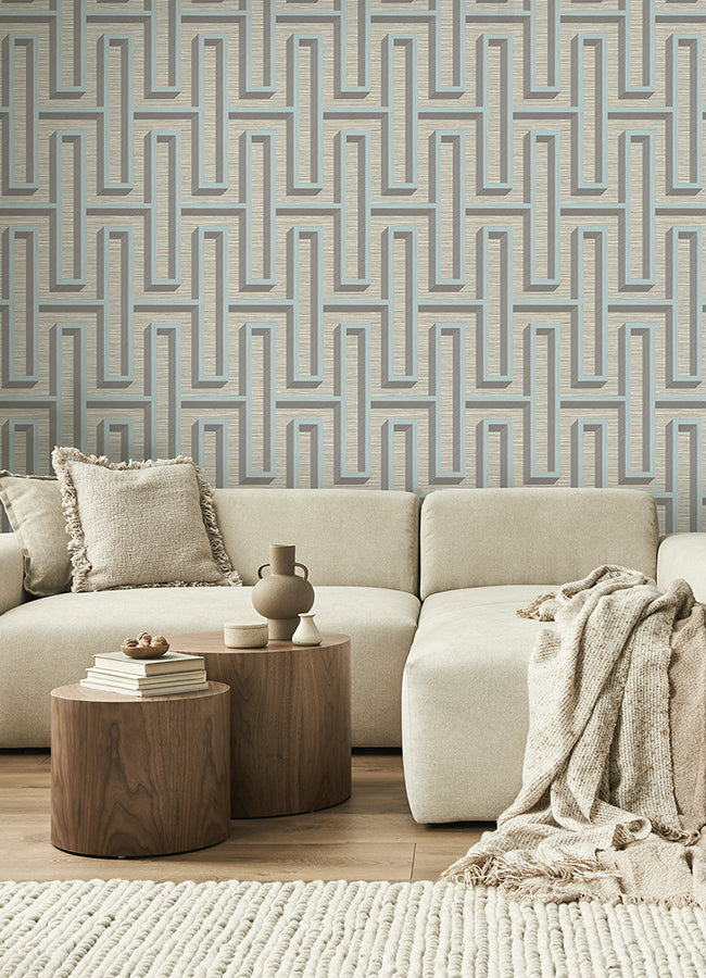 Henley Light Blue Geometric Grasscloth Wallpaper - Brewster Wallcovering