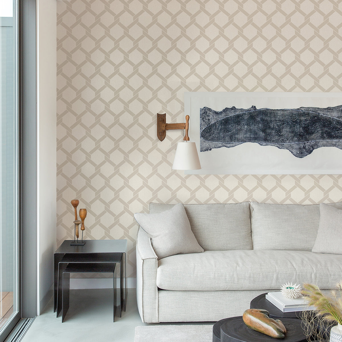 Payton Beige Hexagon Trellis Wallpaper - Brewster Wallcovering