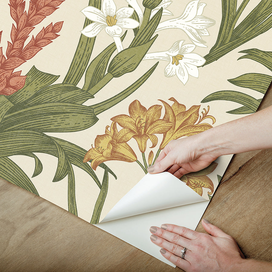 Linen & Olive Blooming Villa Peel and Stick Wallpaper - Brewster Wallcovering