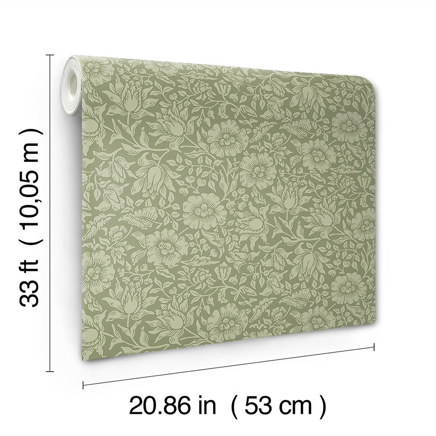 Mallow Green Floral Vine Wallpaper - Brewster Wallcovering