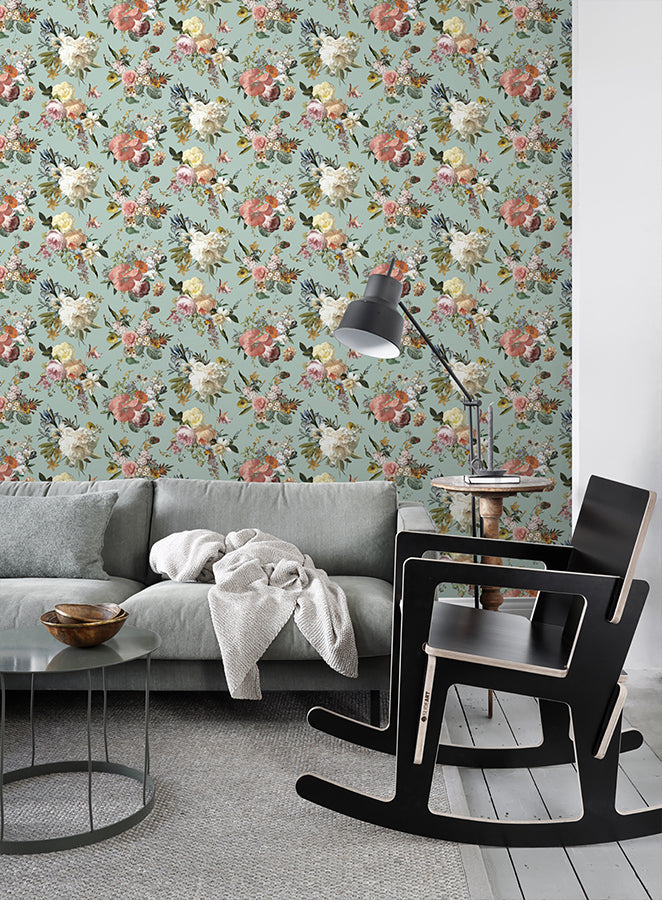 Antonia Aqua Vintage Bouquet Wallpaper - Brewster Wallcovering