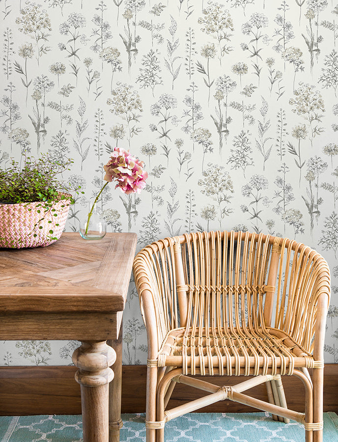 Bergamot Light Grey Wildflower Wallpaper - Brewster Wallcovering