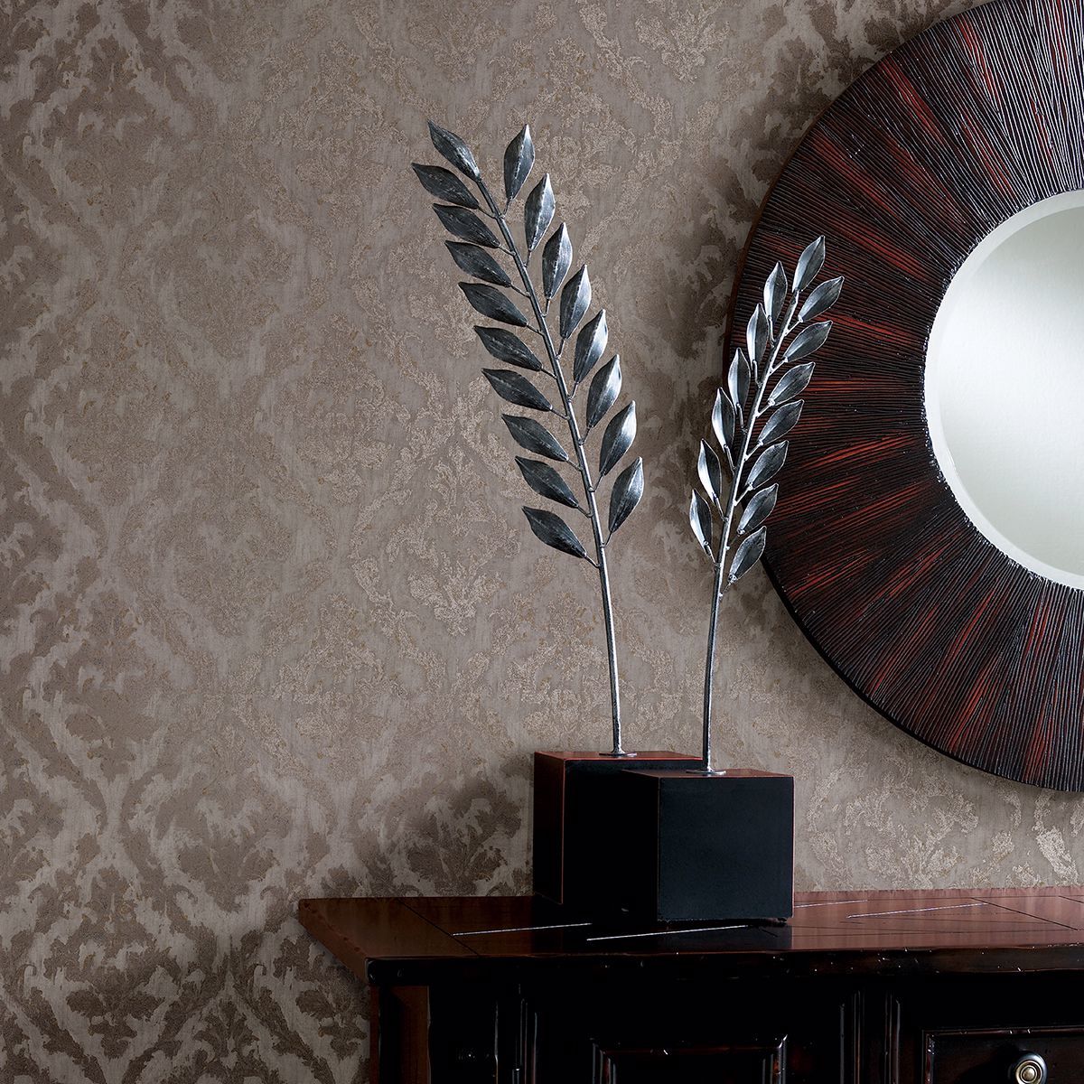 Lyra Bronze Damask Wallpaper - Brewster Wallcovering