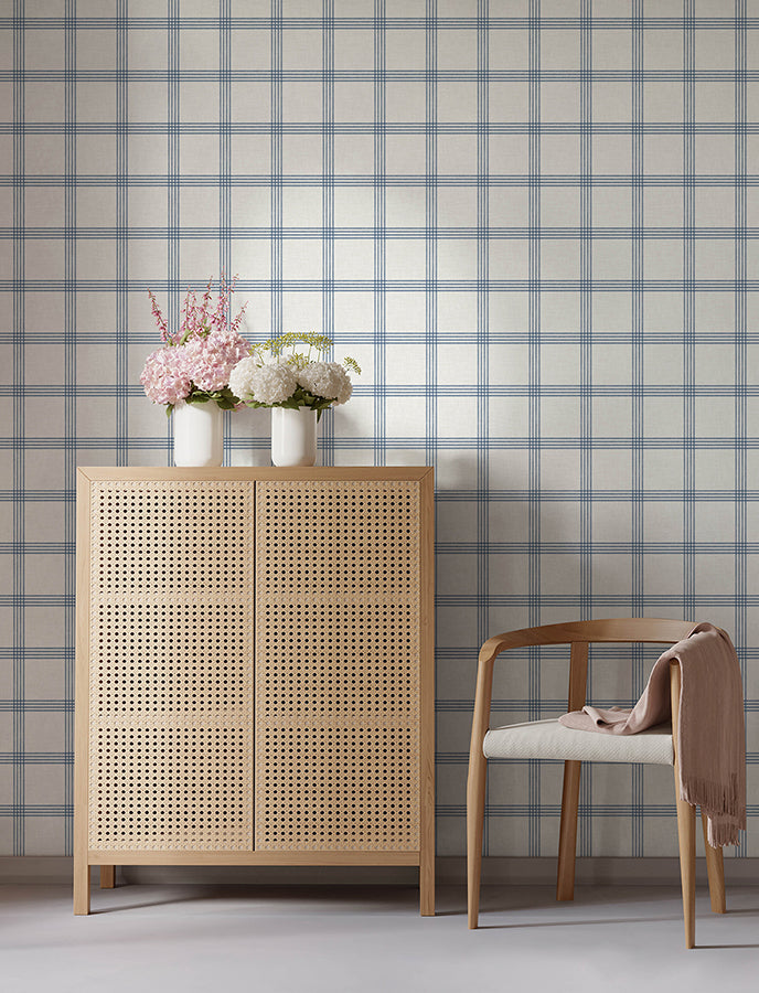 Twain Denim Plaid Wallpaper - Brewster Wallcovering