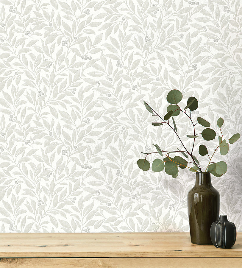 Winter Berry Light Grey Vine Wallpaper - Brewster Wallcovering