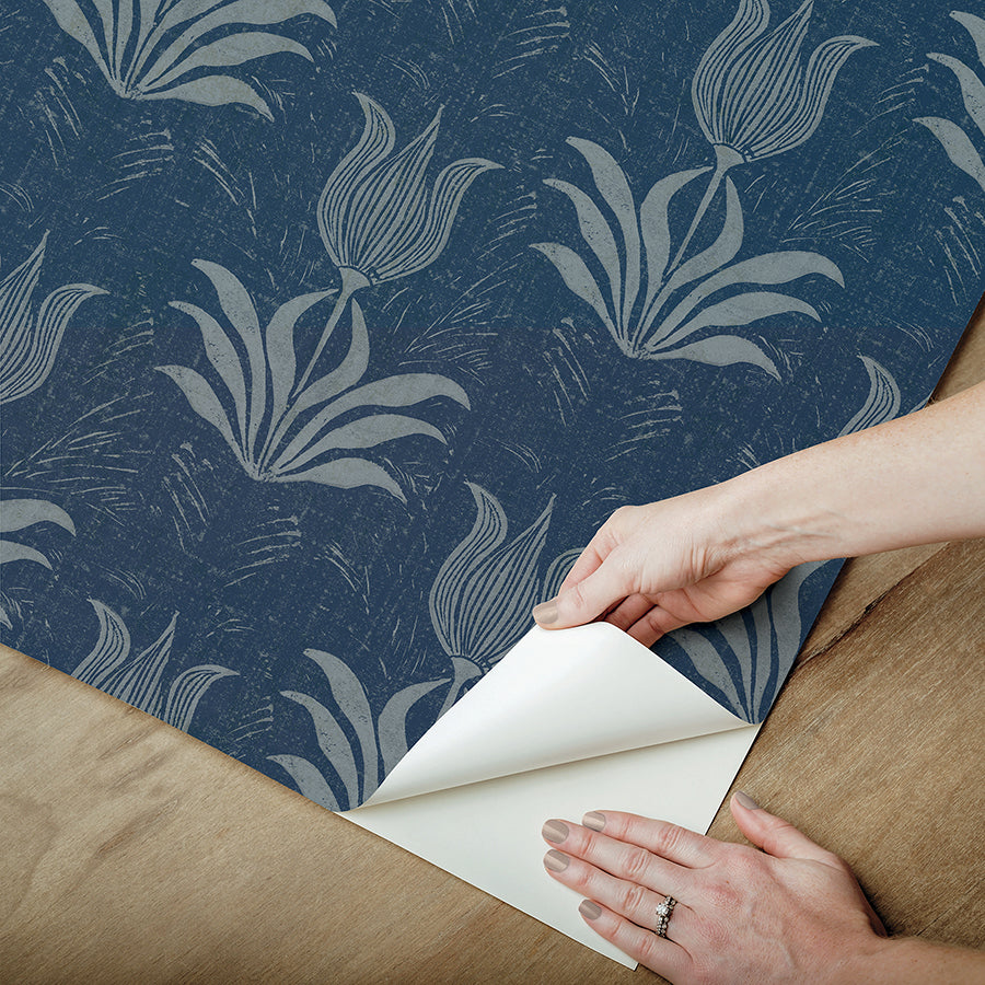 Navy Parrot Tulip Peel and Stick Wallpaper - Brewster Wallcovering