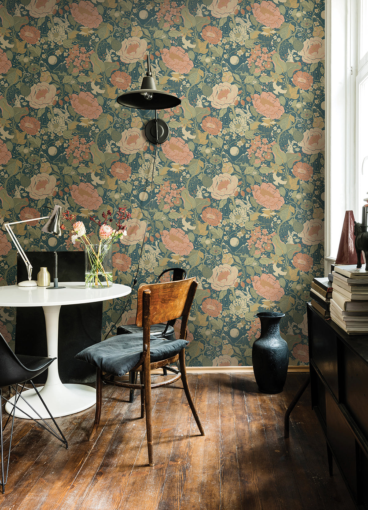 Växa Teal Rabbits & Rosehips Wallpaper - Brewster Wallcovering