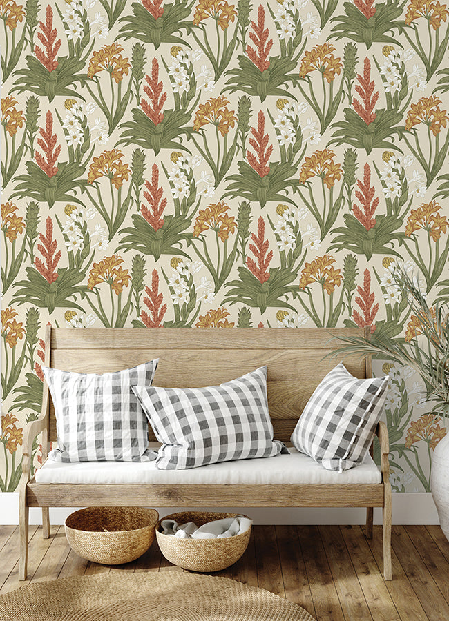 Linen & Olive Blooming Villa Peel and Stick Wallpaper - Brewster Wallcovering