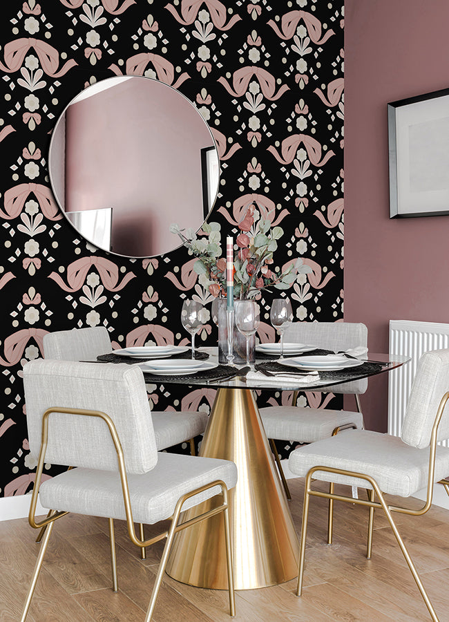 Bow Damask Black Peel and Stick Wallpaper - Brewster Wallcovering