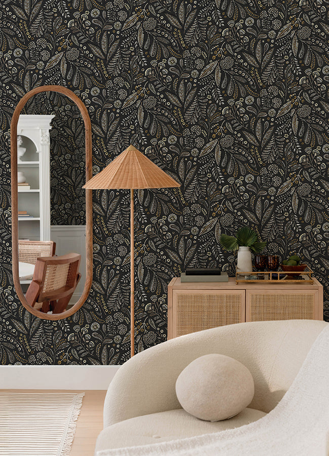 Briar Black Floral Wallpaper - Brewster Wallcovering