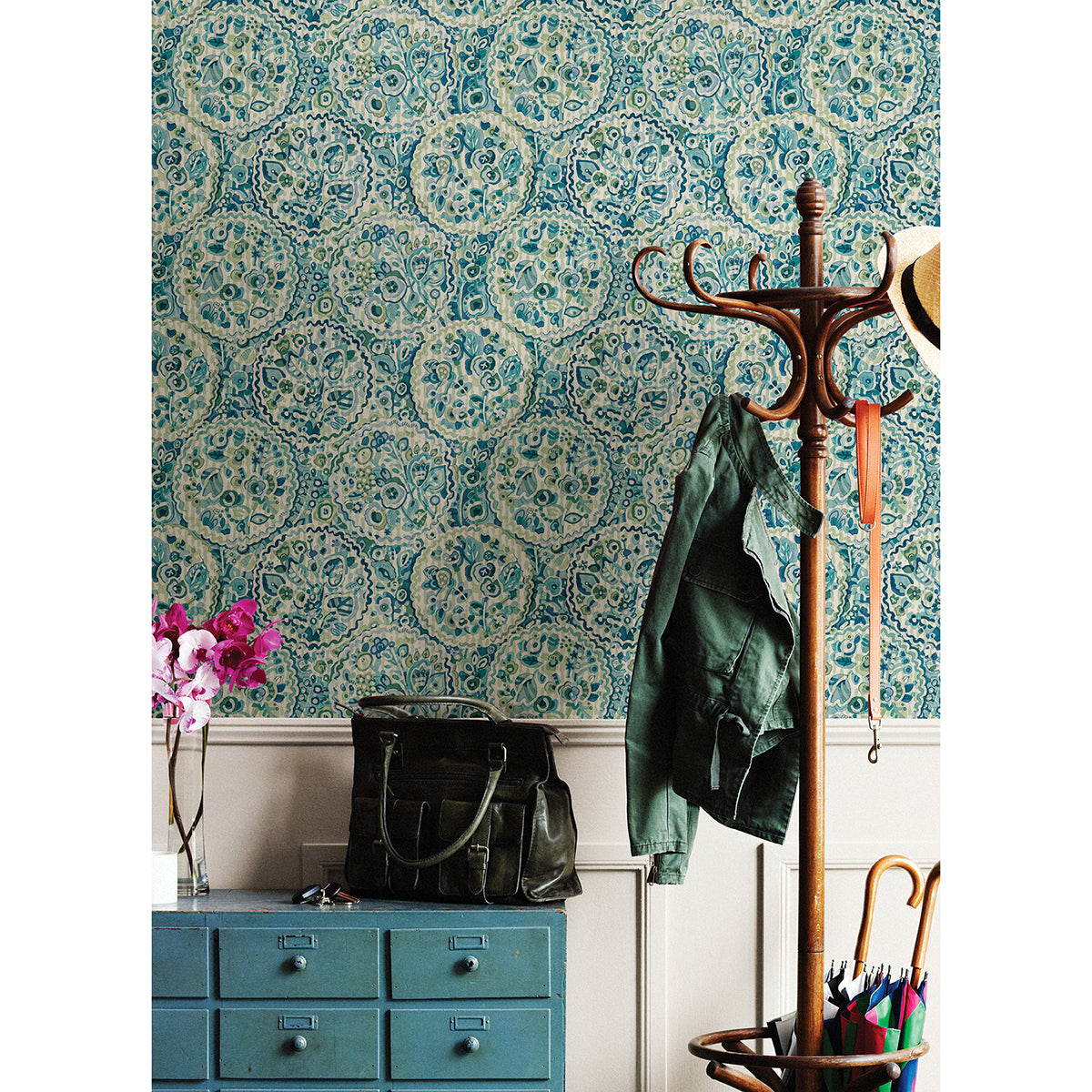 Teal Camille Peel and Stick Wallpaper - Brewster Wallcovering