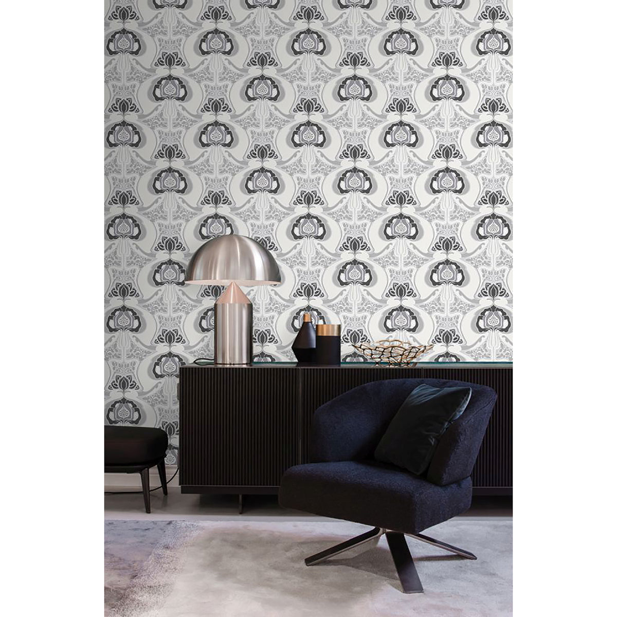 Joaquin Black Art Nouveau Floral Wallpaper - Brewster Wallcovering