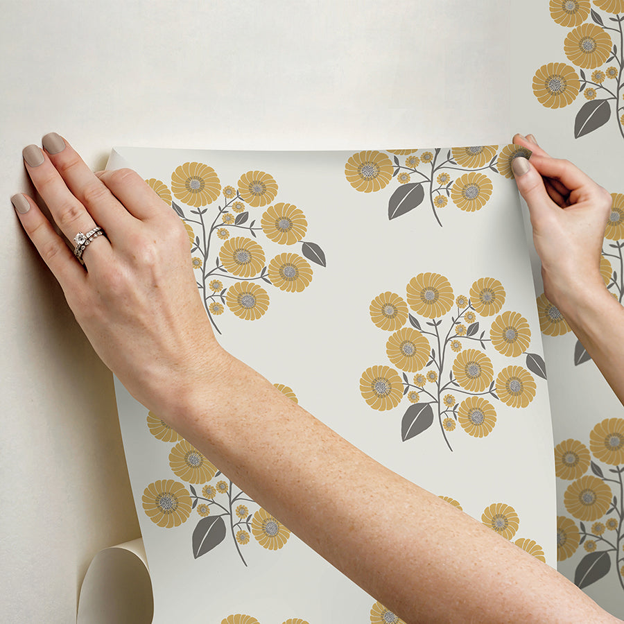 Mustard Grey StrawFlower Peel and Stick Wallpaper - Brewster Wallcovering