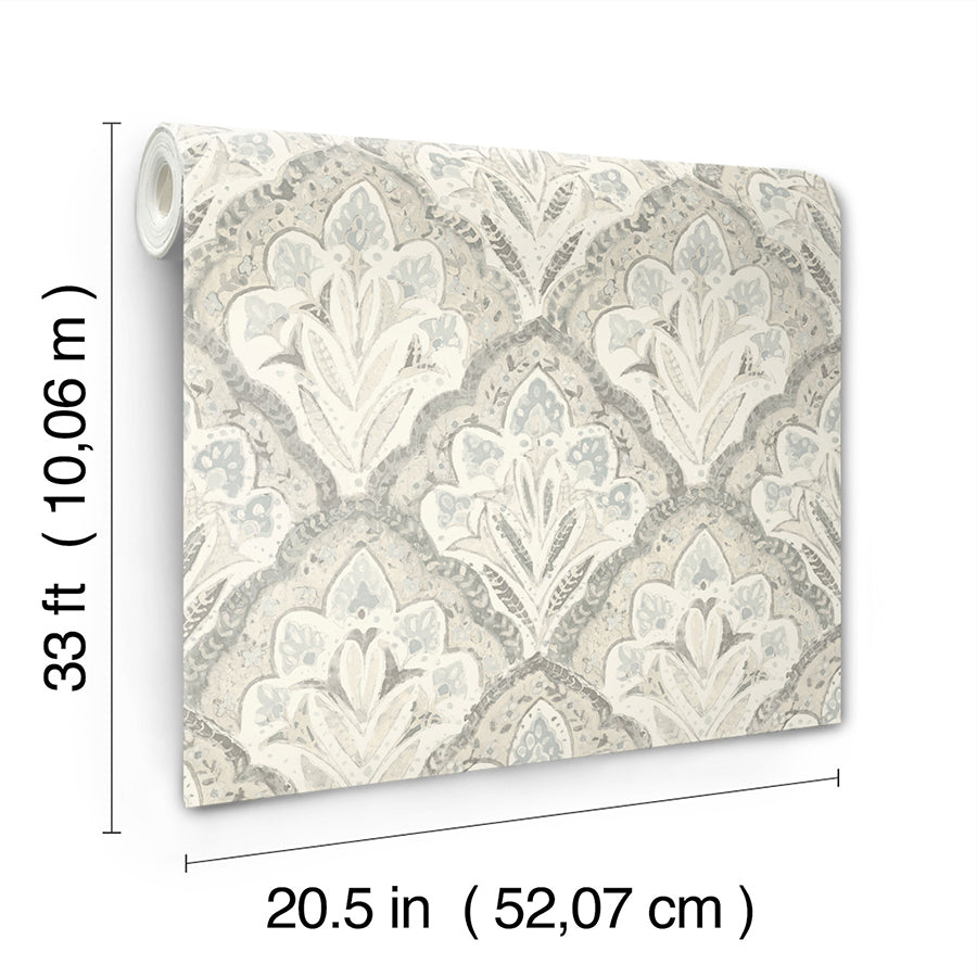 Mimir Grey Quilted Damask Wallpaper - Brewster Wallcovering