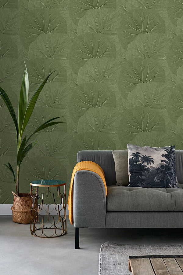 Xylem Olive Large Leaves Wallpaper - Brewster Wallcovering