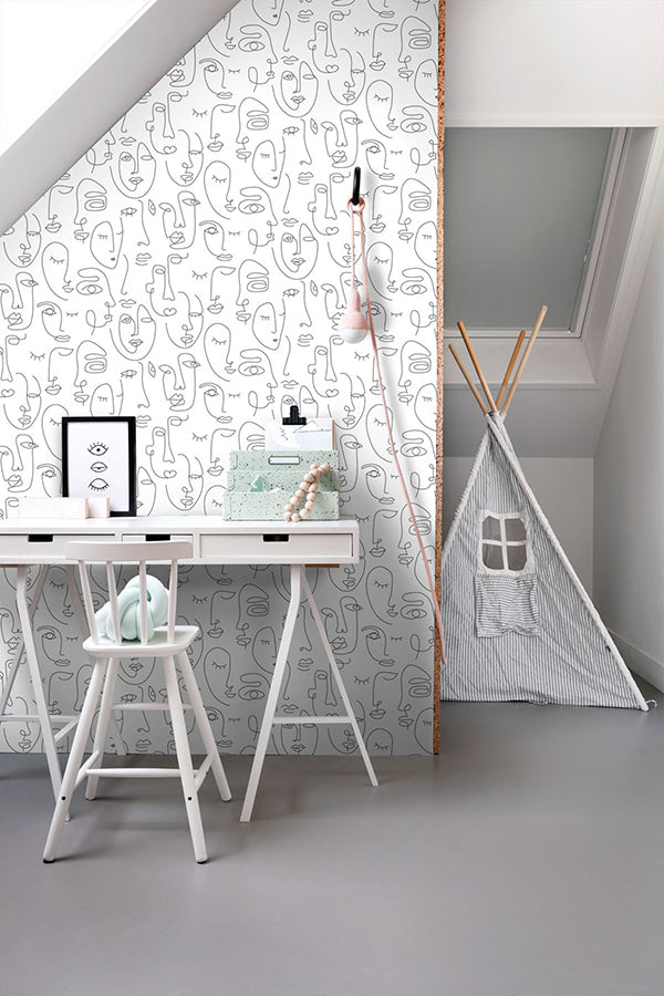 Sharona White Line Art Faces Wallpaper - Brewster Wallcovering