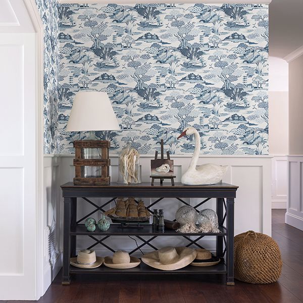 Joy De Vie Blue Toile Wallpaper - Brewster Wallcovering