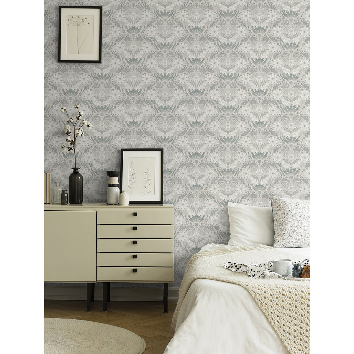 Klockrike Light Grey Botanical Damask Wallpaper - Brewster Wallcovering