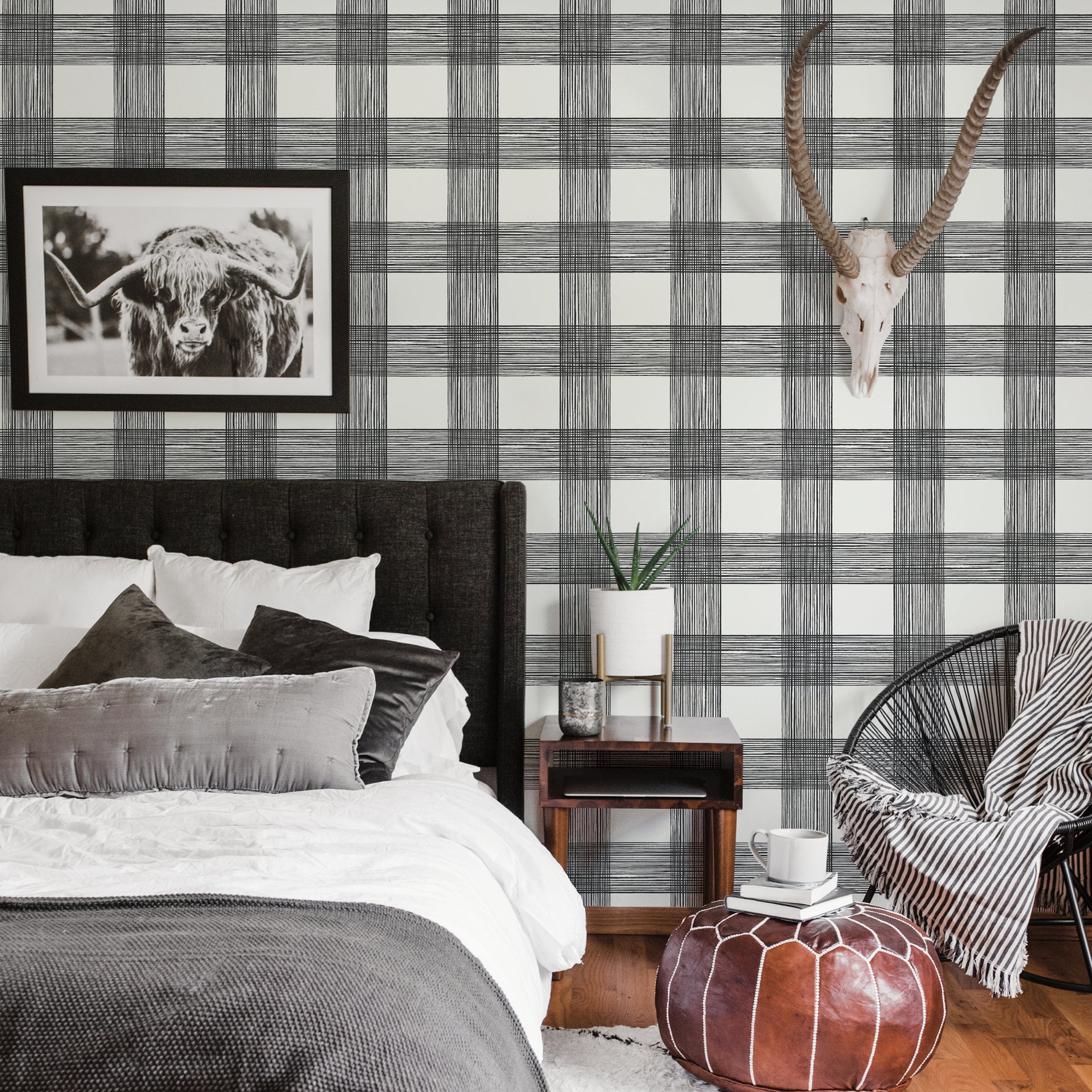 Scarborough Black Striated Plaid Wallpaper - Brewster Wallcovering