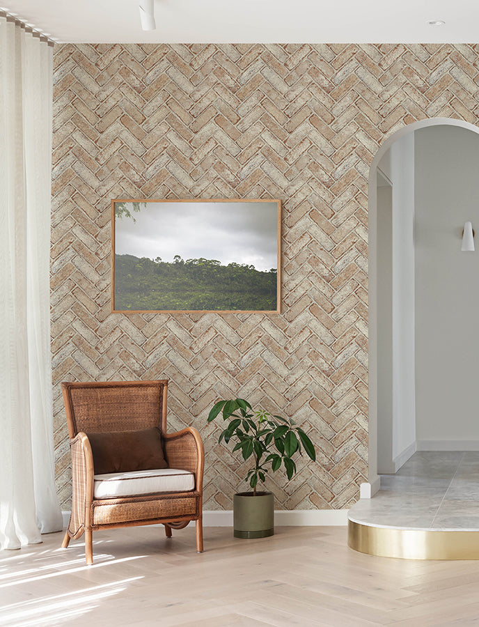 Canelle Rust Brick Herringbone Wallpaper - Brewster Wallcovering