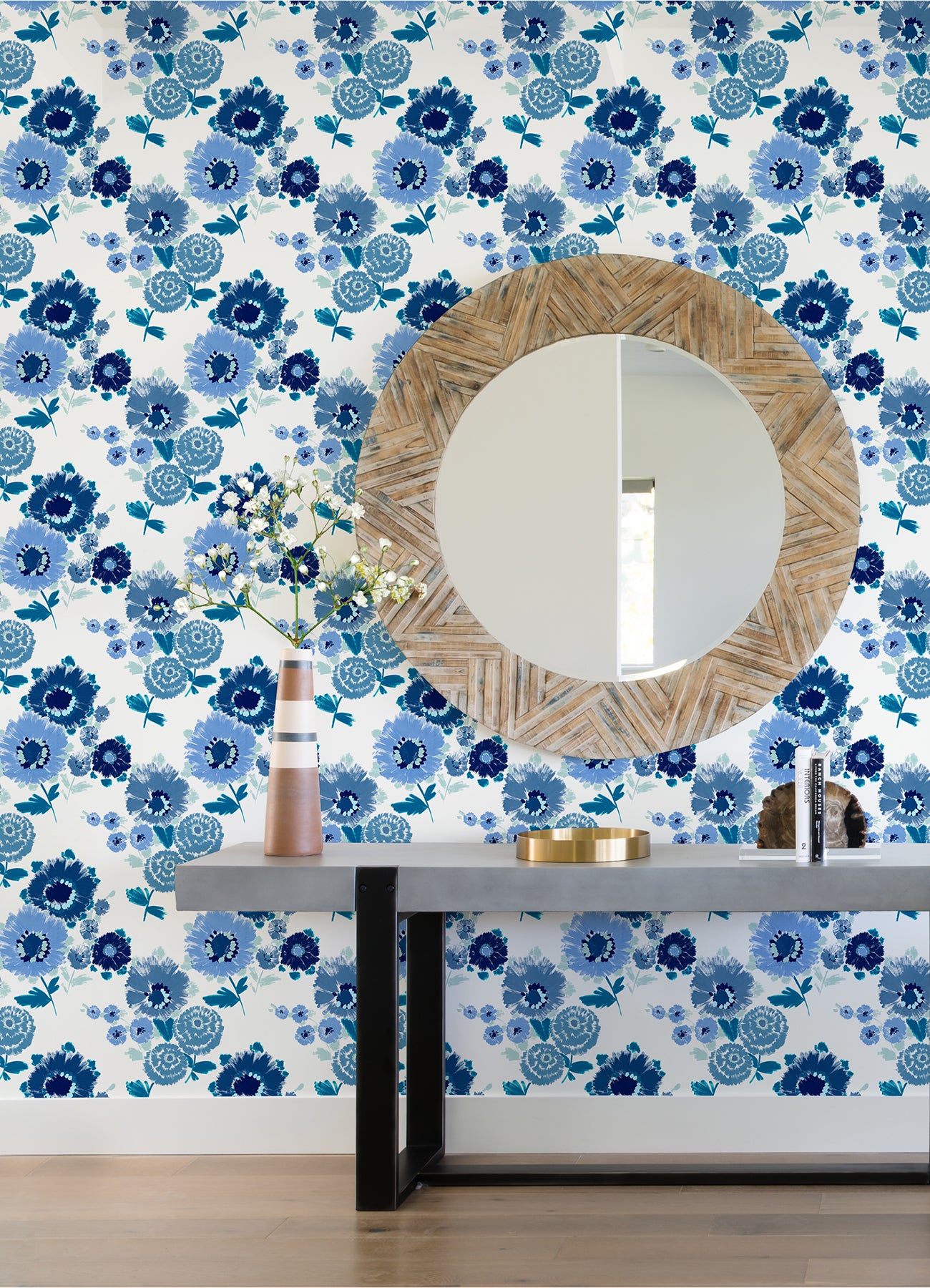 Essie Blue Painterly Floral Wallpaper - Brewster Wallcovering