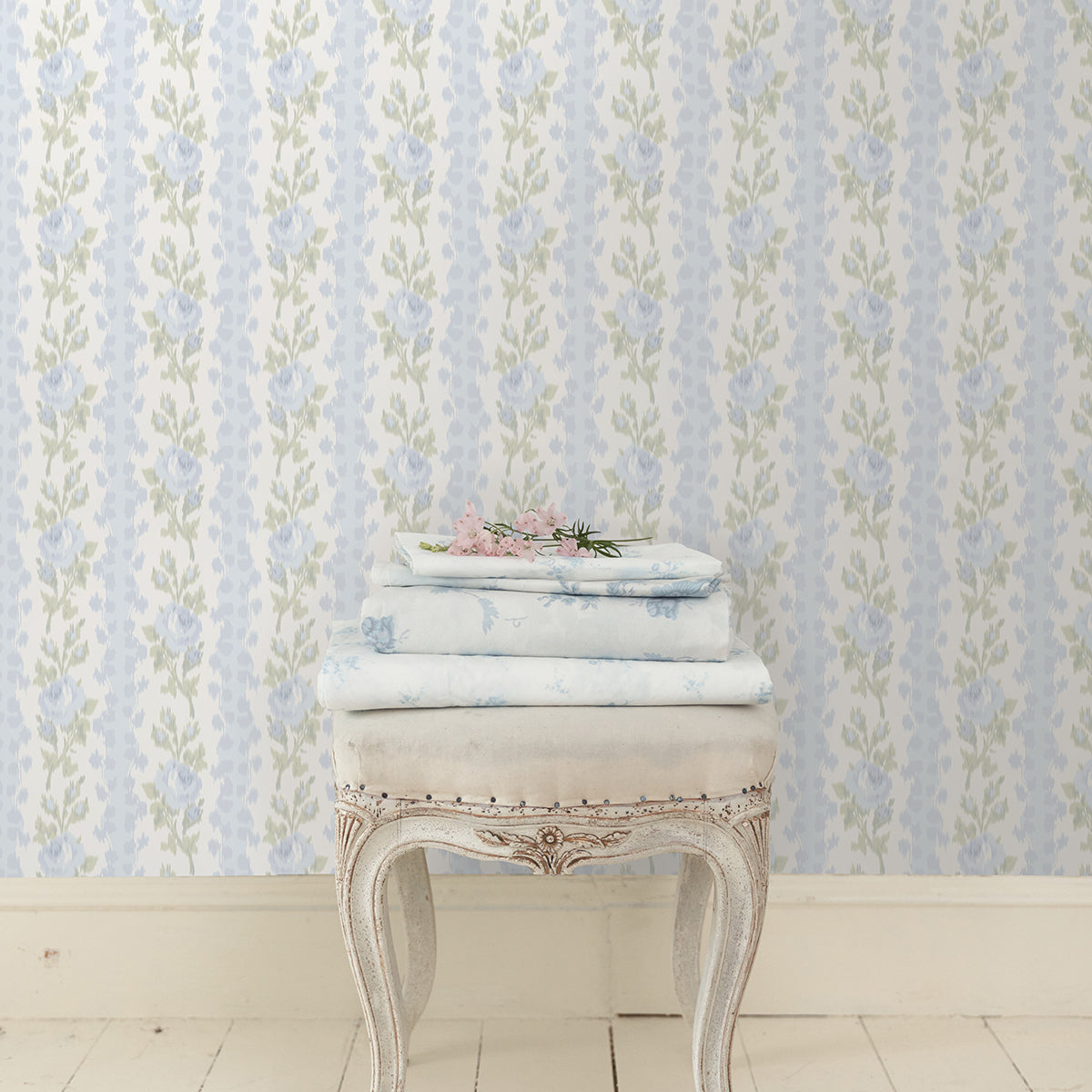 Blooming Heirloom Light Blue Rose Stripe Wallpaper - Brewster Wallcovering