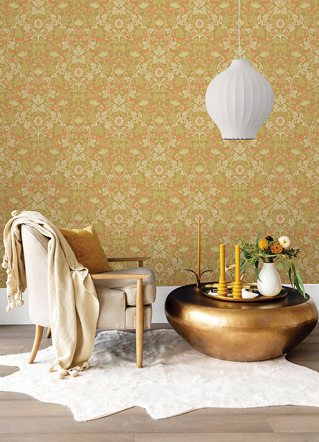 Lila Gold Strawberry Floral Wallpaper - Brewster Wallcovering