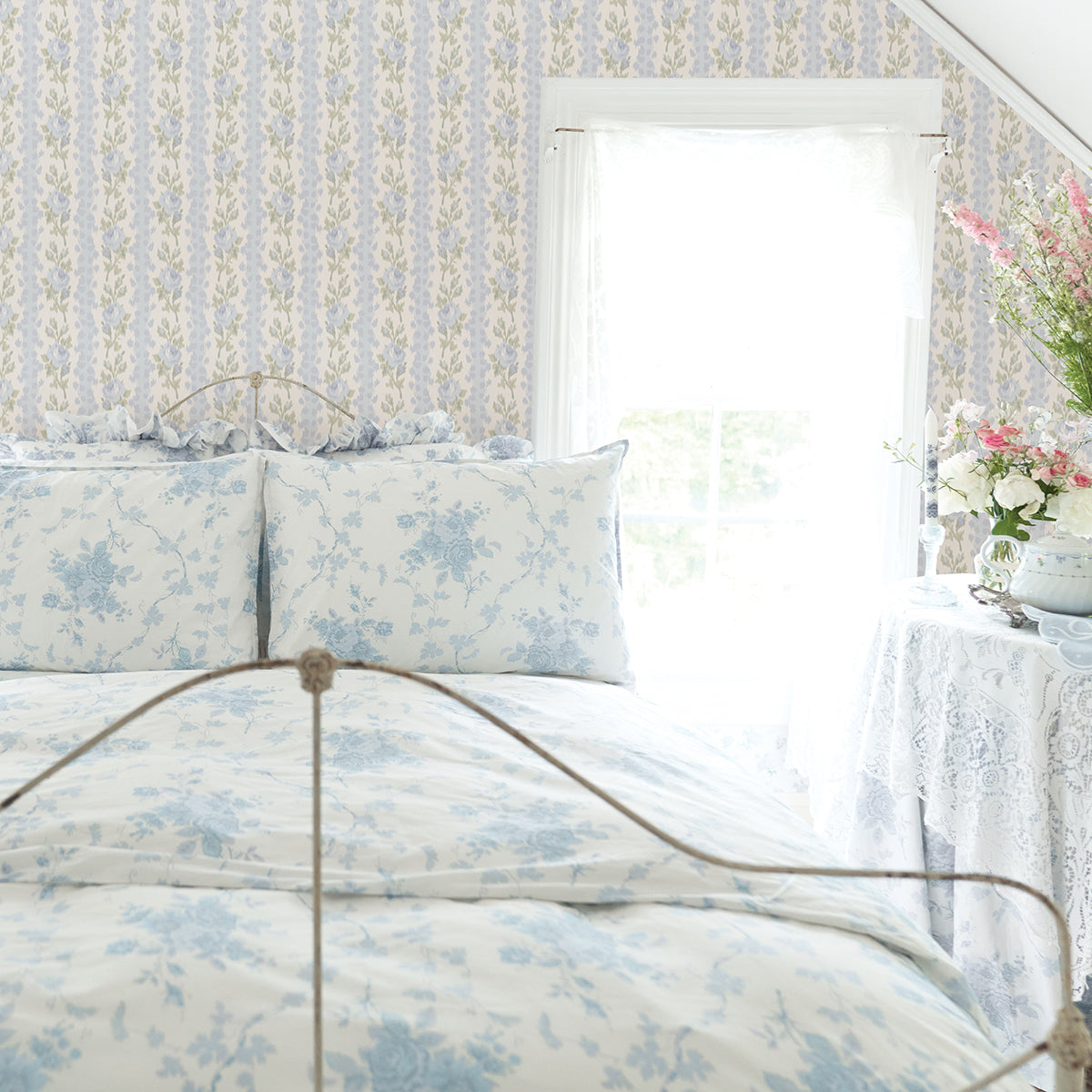 Blooming Heirloom Light Blue Rose Stripe Wallpaper - Brewster Wallcovering